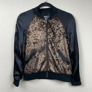 Gryphon New York Faux Fur Baseball Jacket Silk Long Sleeve Gold Black Sz S